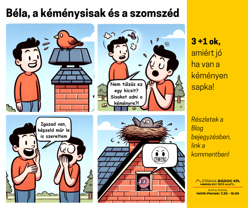 Béla, a kéménysisak és a szomszéd. Béla örül az új kéménysisaknak. Megjön a szomszéd és megkérdezi: nem túlzás ez Bélám? Mire Béla leveszi a kéménysisakot. Kisvártatva egy madár tesz fészket a sisak helyén és Bélánk feje csak úgy füstöl. 